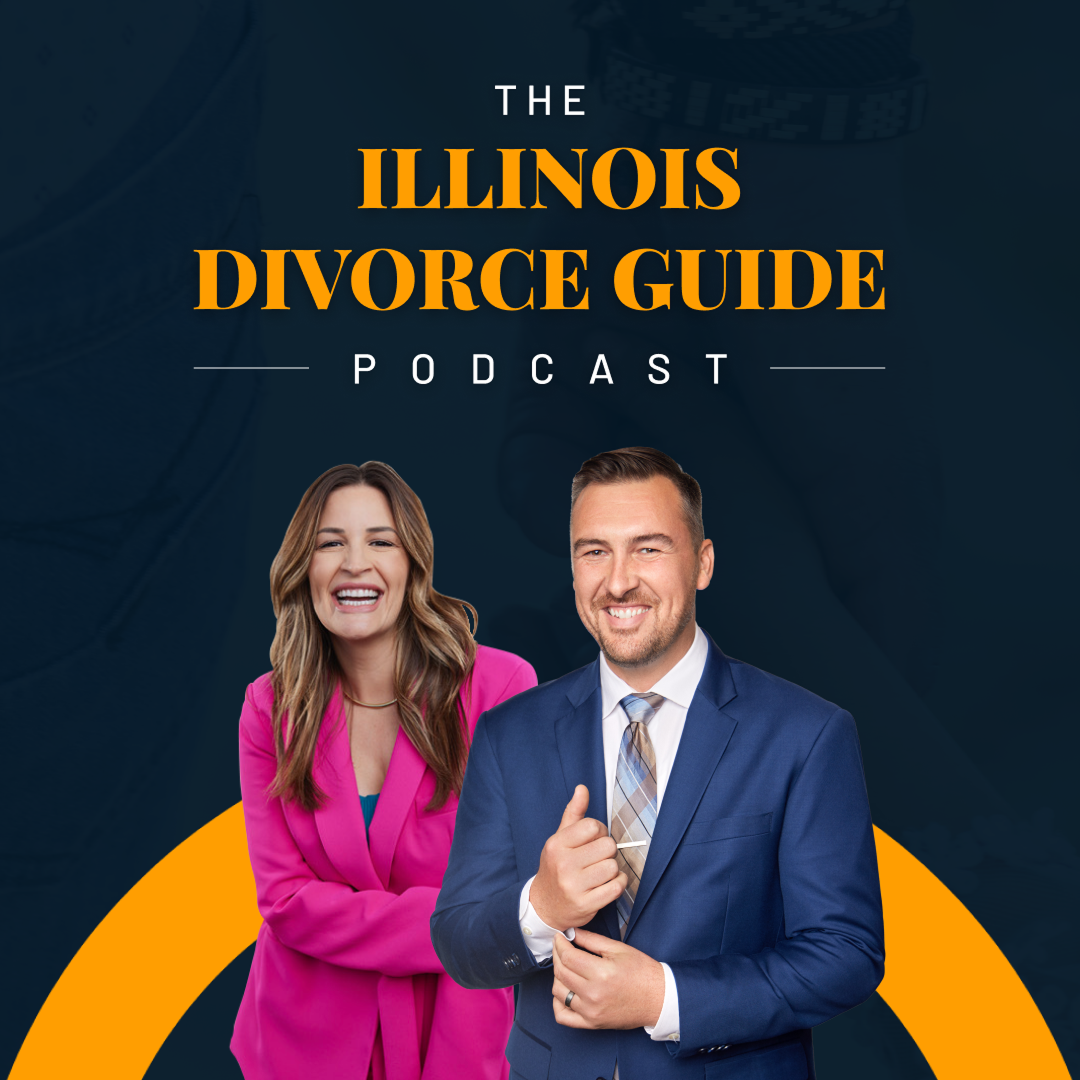 Social media graphic for Illinois Divorce TV podcast, featuring professional legal hosts and branded visuals.