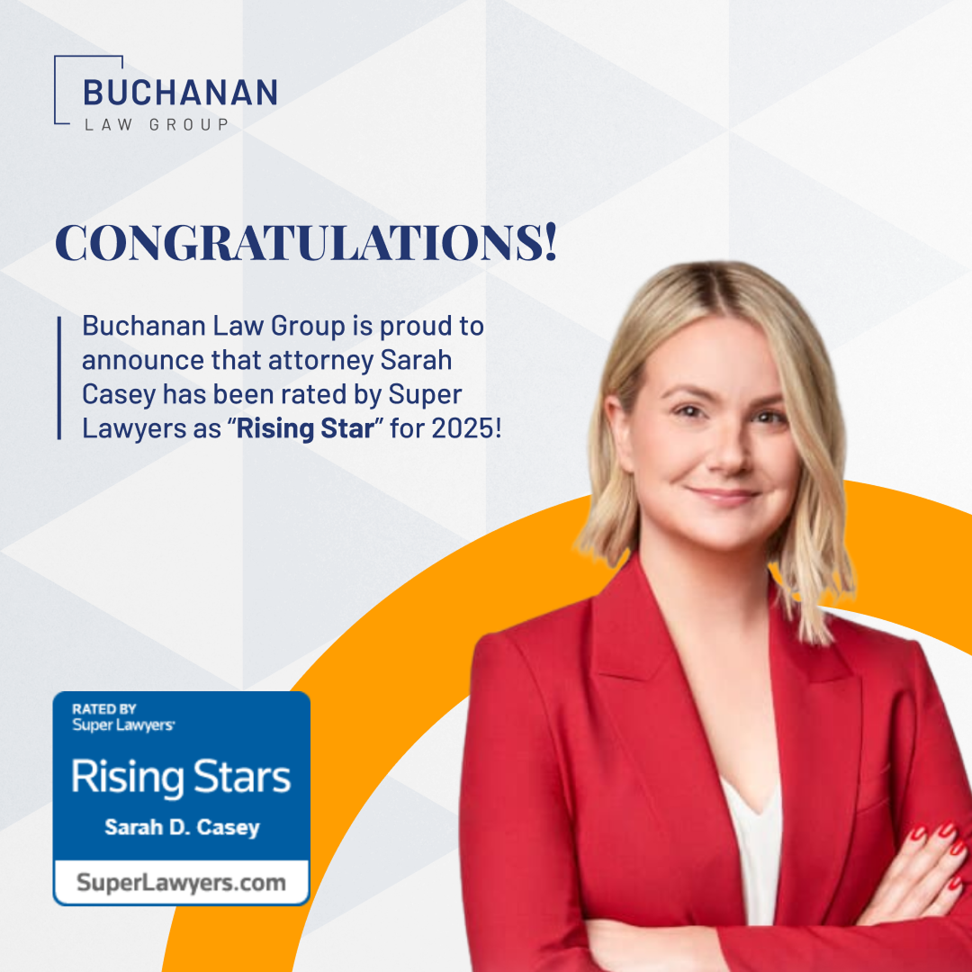 Award announcement graphic design for Buchanan Law Group featuring Sarah Casey and her 2025 Rising Star recognition.