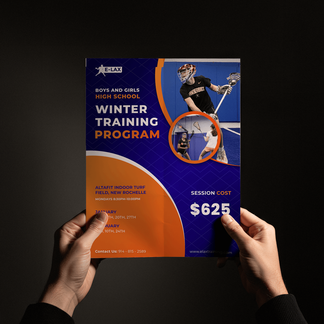 Lacrosse Training Flyer Design for E-Lax promoting a winter training program for high school students
