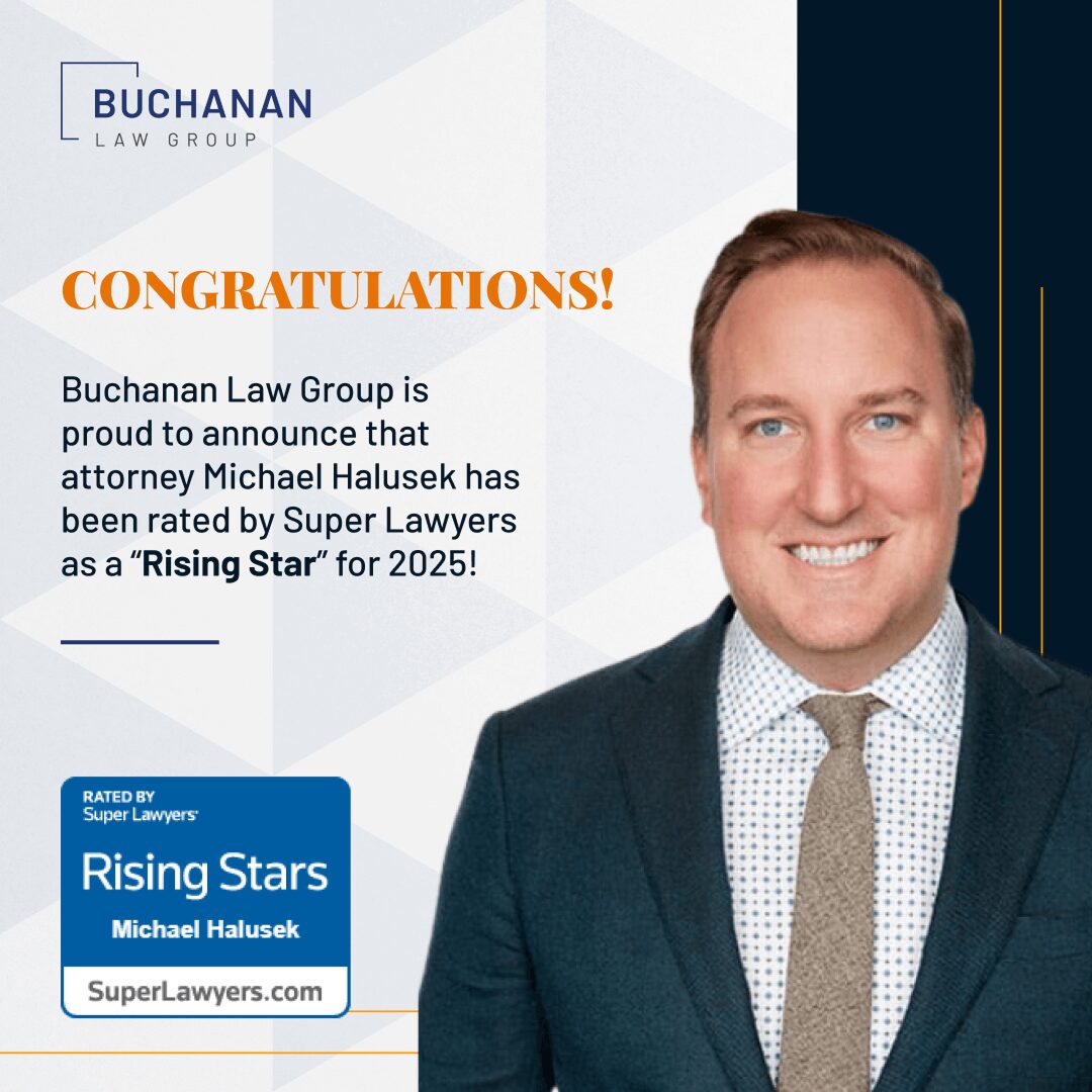Recognition graphic design for Buchanan Law Group featuring attorney Michael Halusek and his Super Lawyers Rising Star award